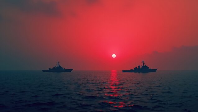Warships on sea at red sunset horizon, dramatic ocean scene, military tension concept, geopolitical conflict idea, wide cinematic composition.