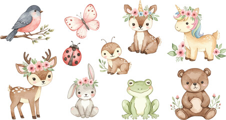 Obraz premium Whimsical watercolor forest animals and bird illustration