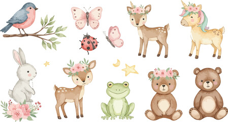 Fototapeta premium Whimsical watercolor forest animals and creatures for kids