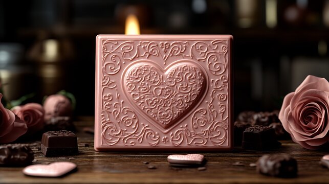 Valentine's Day scene with elegant card holders embossed with heart patterns surrounded by roses chocolates and handwritten love notes