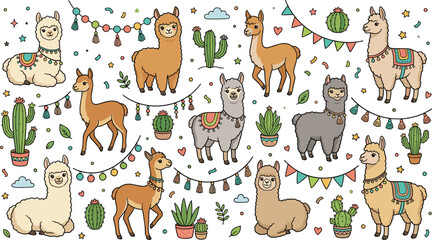 Fototapeta premium Festive Llama and Alpaca Characters with Cacti, Garlands, and Colorful Patterns in a Fun Cartoon Style for Kids Illustration