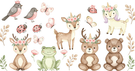 Fototapeta premium Whimsical forest animals and flowers in soft pastel colors for kids