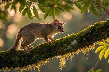 Obraz premium Bushbaby Climbing on Mossy Branch in Sunlight