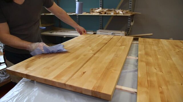 Master carpenter, Applying natural oil on natural wood product. Hand applying wood protection oil on boards with rags. Hand applying wood protection piece in gold color with rags, indor.