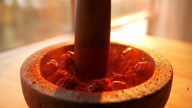 Grinding spices with mortar pestle in sunlight
