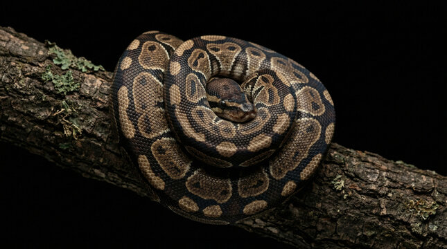 Python curled up and wrapped in a tight spiral on a wooden branch, isolated on a solid black background