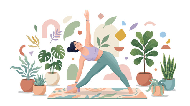 Woman practicing yoga triangle pose with plants.