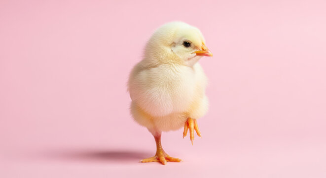A baby chick with fluffy yellow feathers standing on pink background.