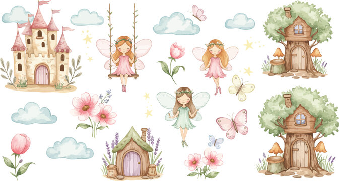 Whimsical fairy tale castles and princesses in a dreamy floral landscape with trees and clouds