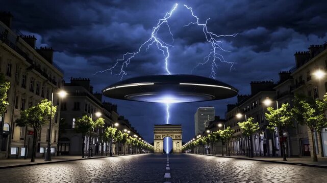 ufo hovers above street toward distant arch. spaceship channels lightning into storm cloud. city building line frames wet road. energy beam connects vehicle to sky. bolt strikes cobblestone surface.