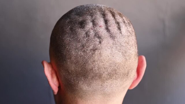 Close-up of male shaved head showing visible scaly patches and irritation caused by seborrheic dermatitis. common skin condition that affects the scalp and causes redness. dandruff and itching