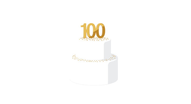A two-tiered white celebration cake with gold sprinkles is topped with the golden number 100 on a white background.
