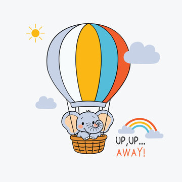 Cute Baby Elephant Flying in Hot Air Balloon Illustration