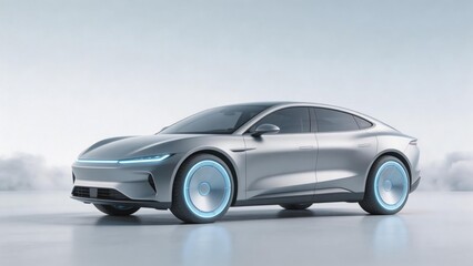 Naklejka premium Futuristic electric car concept with modern autonomous vehicle design on clean background, idea for electric vehicle technology, sustainable transportation and smart mobility
