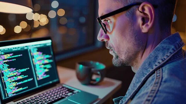 Developer working on laptop coding software at night. Programmer reviews code on computer screen. Man concentrates while typing and debugging. City lights glow through window behind workspace hub.