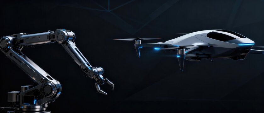 Futuristic robotic arm and autonomous drone technology concept in smart automation environment, idea for robotics engineering, AI automation and industrial innovation
