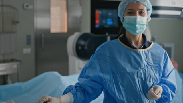 Female surgeon in sterile scrubs standing near operating table with surgical instruments and looking at camera