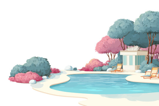 Tranquil poolside retreat with colorful trees and lounge chairs