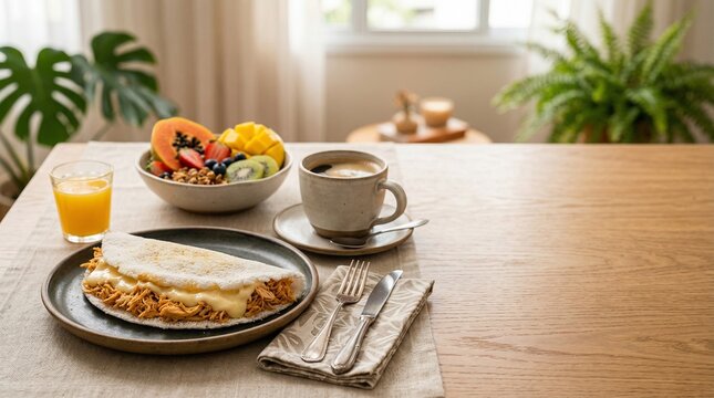 Tapioca brasileira recheada com frango e catupiry em mesa completa de caf&eacute; da manh&atilde;