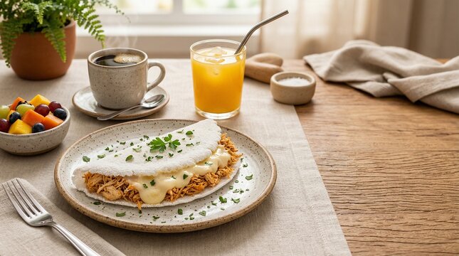 Tapioca brasileira recheada com frango e catupiry em mesa completa de caf&eacute; da manh&atilde;