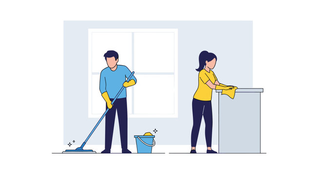 A man mops the floor while a woman wipes a counter in a brightly lit room.