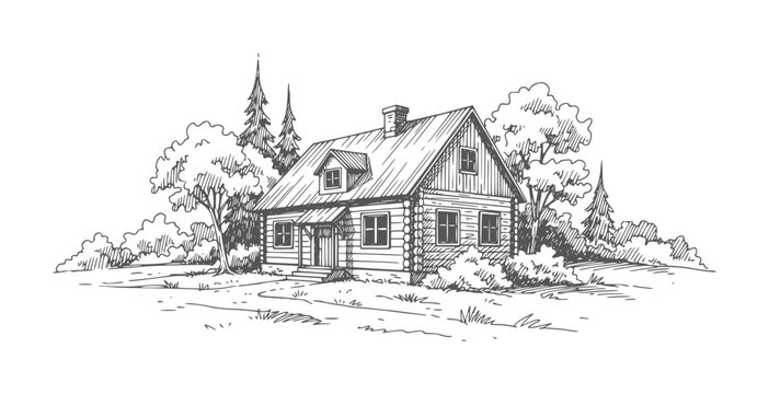 Hand drawn of a rustic log cabin surrounded by trees and foliage house rural