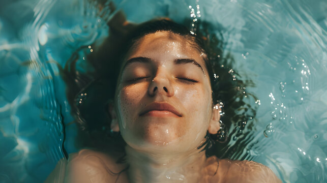 Young woman's serene face floating in water, symbolizing spa, wellness, and self-care concepts.