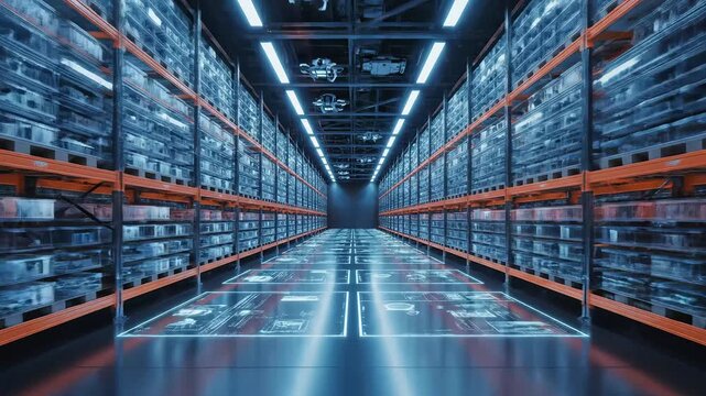 Long warehouse aisle with shelves