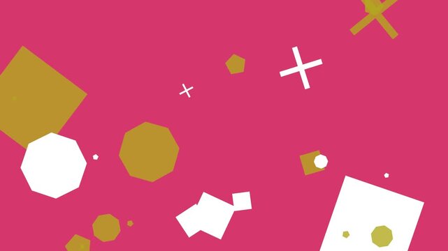 Animated geometric shapes in a colorful hipster memphis style on pink background