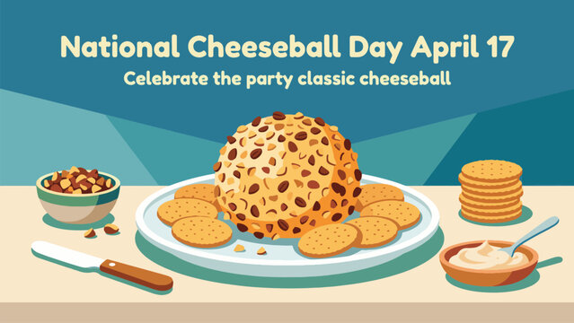National Cheeseball Day April 17 Festive Snack Table with Crunchy Coated Cheese Ball Crackers and Dip Bowl Clean Flat Illustration for Party Food Celebration Design