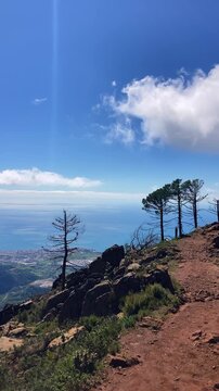 Sweeping mountain panorama revealing the sparkling Mediterranean Sea, Estepona and distant Gibraltar beneath open skies from Sierra Bermeja in Spain.