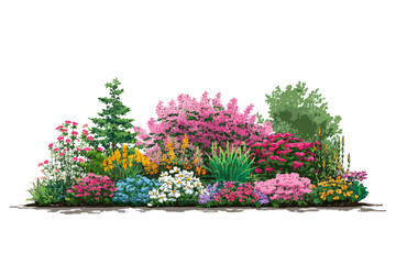 Colorful garden with diverse flowering shrubs and greenery