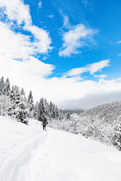 On footpath after snowstorm in the mountains of Como lake, Lombardy landscape