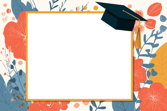 Graduation frame with cap and flower border in red and blue tones