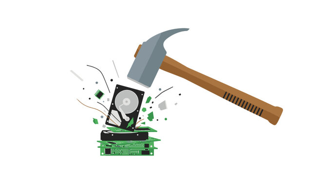 A large hammer smashes a computer hard drive and green circuit boards, causing debris to scatter.