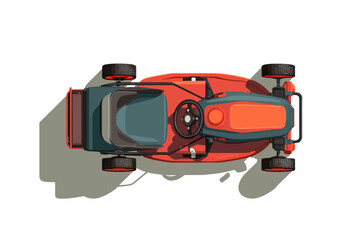 Naklejka premium Top view of modern red and black lawn mower with shadow on white background