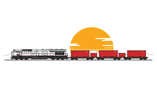 A white locomotive pulls red cargo containers across a flat landscape with a large orange sun in the background.