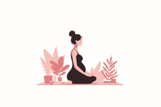 Pregnant female practicing yoga amidst indoor plants in calm setting