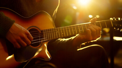 Obraz premium Acoustic guitar player, close up hands playing music,Generative ai