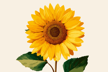 Obraz premium Vibrant sunflower bloom with green leaves on a light background