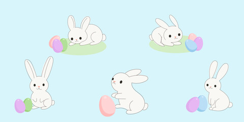 Fototapeta premium Happy Easter Rabbit Greeting Card Background. Cute Bunny Cartoon Character. Traditional Easter Egg Hunt Symbol. Soft Pastel Colored Spring Easter Holiday Banner Surface Design. Celebration Party Decor