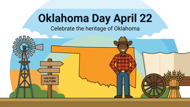 A cartoon illustration celebrating Oklahoma Day on April 22, featuring a cowboy, windmill, covered wagon, and the state map outline, representing its history and culture.