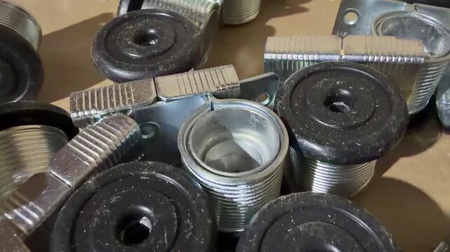 A collection of metal rollers with black plastic caps, paired with threaded metal sleeves and mounting brackets. Likely used in furniture slides, conveyor systems, or machinery for smooth movement.