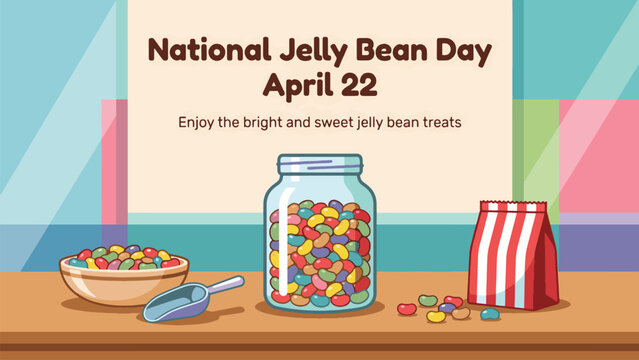 A colorful illustration celebrating National Jelly Bean Day on April 22, featuring jars, bowls, and bags of sweet candy treats.