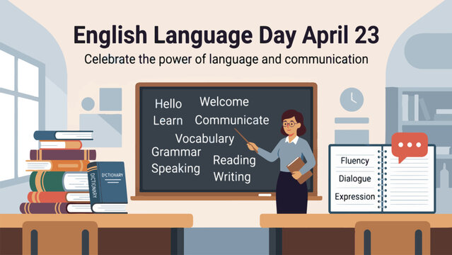 English Language Day April 23 Classroom Illustration, Student Learning Vocabulary Grammar and Communication Skills, Education Literacy and Language Development Concept Flat Vector Design