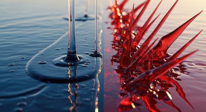 Close-up of blue liquid surface and red sharp spikes in abstract duality