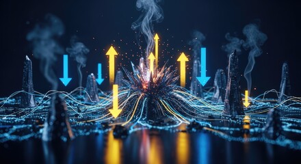 Obraz premium Abstract digital cityscape with glowing data streams and upward arrows