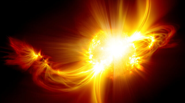 Abstract solar surface erupting in color-shifting plasma tendrils from yellow to white. STEM education sheets, lab safety posters, designed for STEM education and laboratory safety posters.