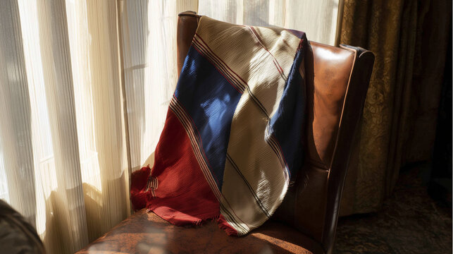 Finely woven poncho with geometric patterns in national colors, draped over a weathered leather chair. event programs.