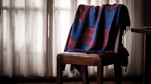 Finely woven poncho with geometric patterns in national colors, draped over a weathered leather chair. event programs.